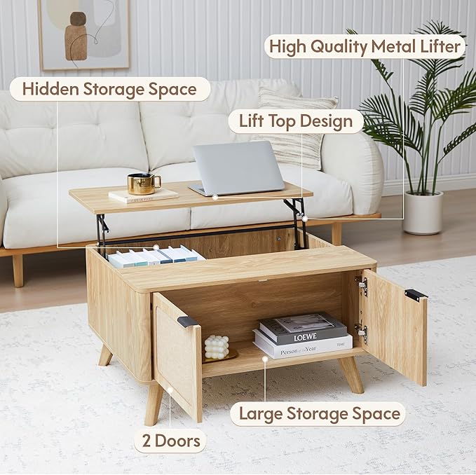 AVZEAR Wood Lift Top Coffee Table with Storage, Boho Modern Coffee Table with Nature Linen Doors & Large Hidden Storage, Rounded Corners Center Table Farmhouse Coffee Tables for Living Room, Natural