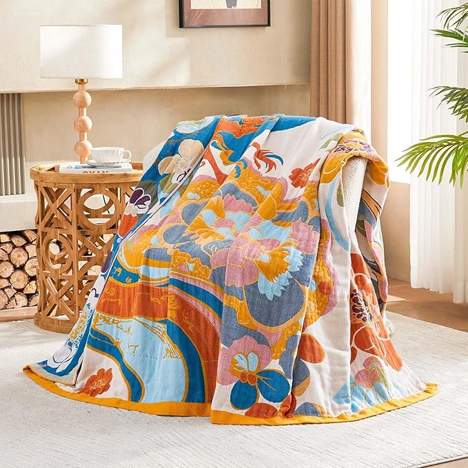 Boho Throw Blanket, Lightweight Blankets for Summer, 100% Cotton Bohemian Decorative Throw Blanket, 50"x60" Reversible Muslin Breathable Woven Farmhouse Blankets Quilt,