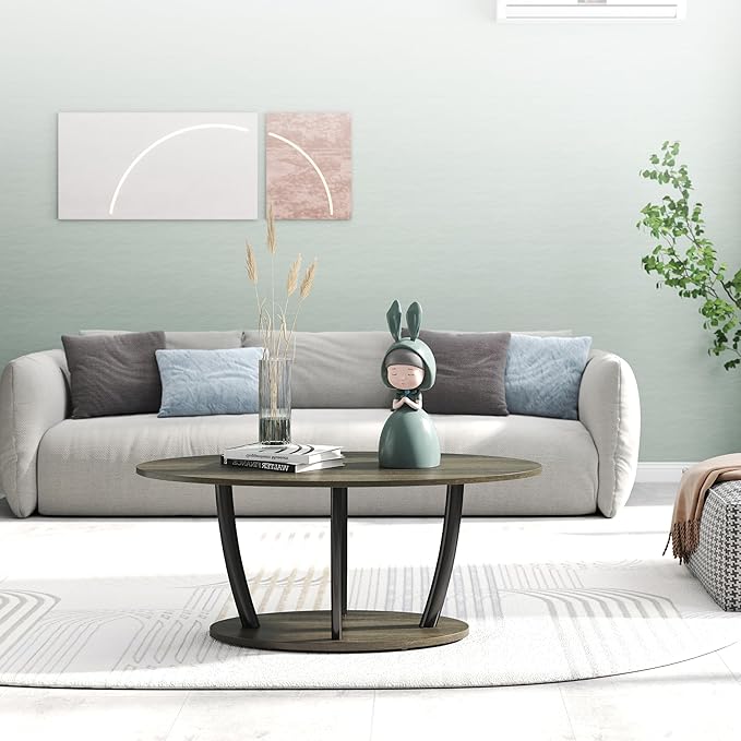 Manora Small Oval Coffee Table with Storage, Rustic Farmhouse Industrial Center Table for Living Room, VintageTea Table for Small Spaces, Gray