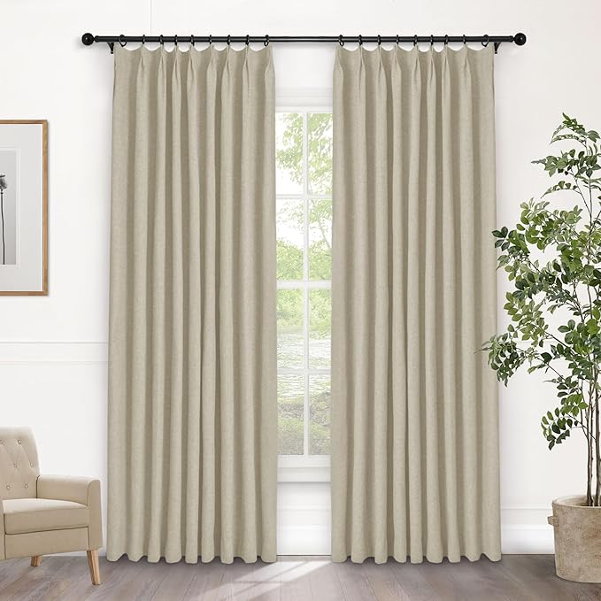 Macochico 100% Blackout Beige Linen Curtains 84 Inches Long Pinch Pleated Burlap Curtains for Bedroom Living Room Farmhouse Nursery Thermal Window Panels with Tieback 72”Wx84”L 1 Panel