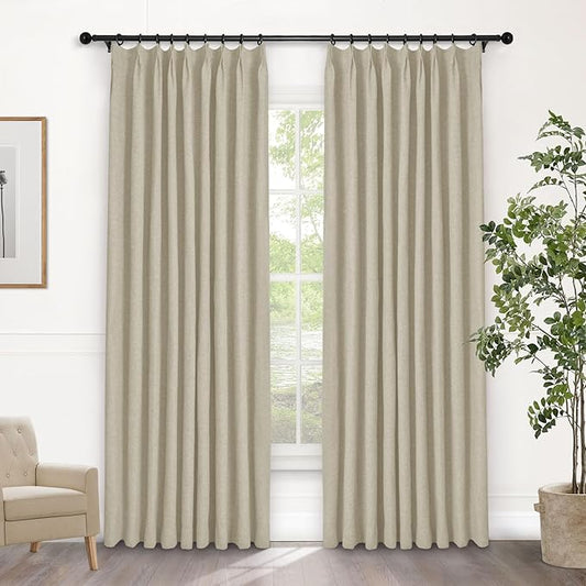 Macochico 100% Blackout Beige Linen Curtains 84 Inches Long Pinch Pleated Burlap Curtains for Bedroom Living Room Farmhouse Nursery Thermal Window Panels with Tieback 72”Wx84”L 1 Panel