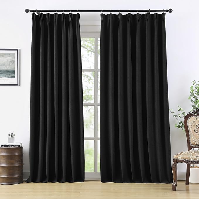 RAIN CITY Extra Wide Blackout Large Curtains 70 x 108 Inch Long, Linen Blend Black Out Pleated Curtains 2 Panels Set, Back Tab Pocket Textured Curtain for Home Office Patio Sliding Glass Door