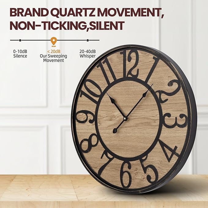 Large Wall Clock for Living Room Decor, Non Ticking Silent, Battery Operated Modern Vintage Wood Oversized Decorative Wall Clock for Bedroom Kitchen Farmhouse Office Decor