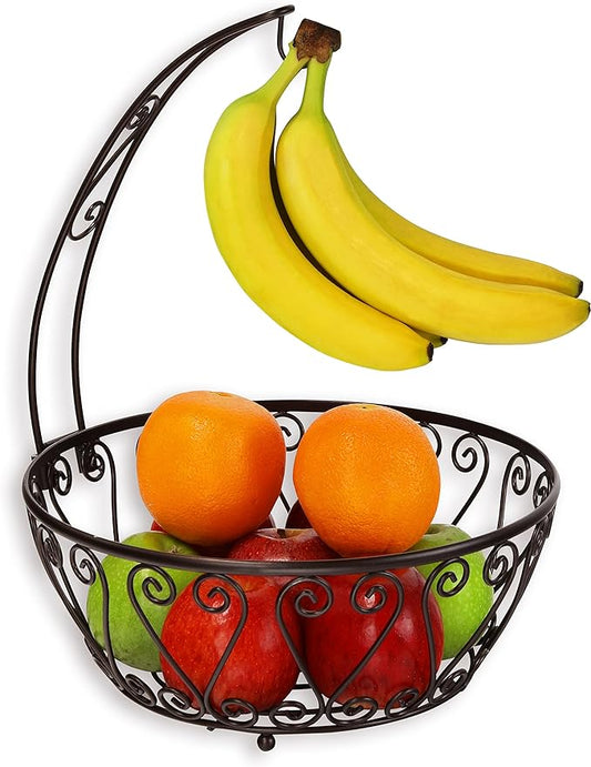 SimpleHouseware Fruit Basket Bowl with Banana Tree Hanger, Bronze