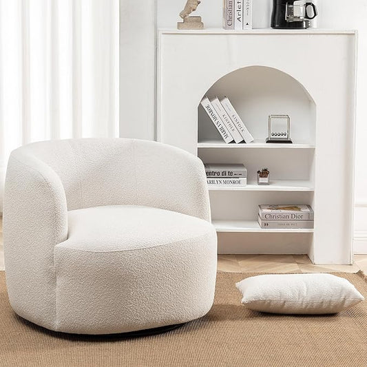 KINWELL 34" Wide Boucle Swivel Barrel Chair, No Assembly Round Upholstered Armchair Accent Chair Single Sofa Chair with Toss Pillow for Living Room and Bedroom, Beige