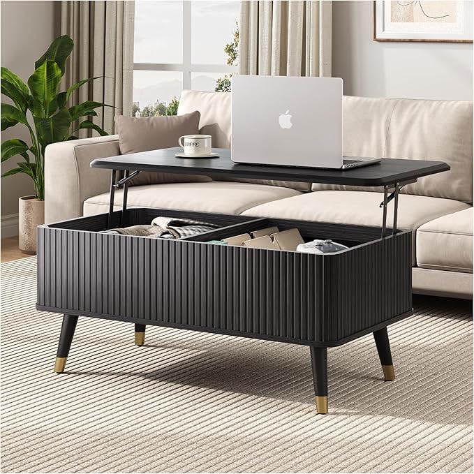Lift Top Coffee Table with Storage Shelf & Hidden Compartment, Mid Century Modern Fluted Rectangle Dining Table for Living Room, Home Office,Black