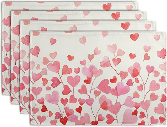 Pink Love Heart Valentine's Day Placemats Set of 4 Valentine Seasonal Holiday Linen Table Mats 12x18 Inch Anniversary Wedding Sweet Romantic Place Mats for Party Kitchen Dining Outdoor Indoor Decor