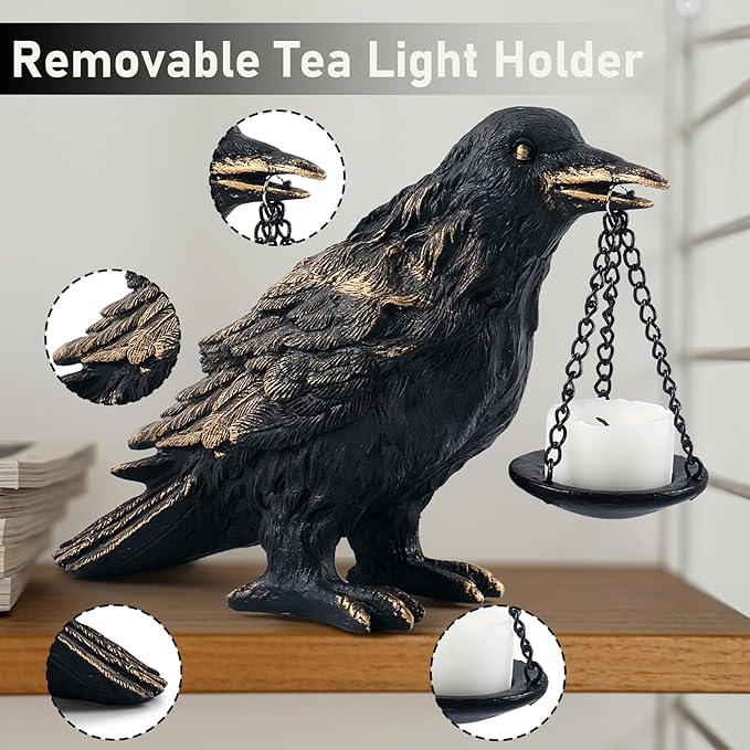 Raven Gothic Home Decor Fake Crow Light Holder Raven Lamp Tealight Candle Holder Resin Raven Statue Wearing Gold