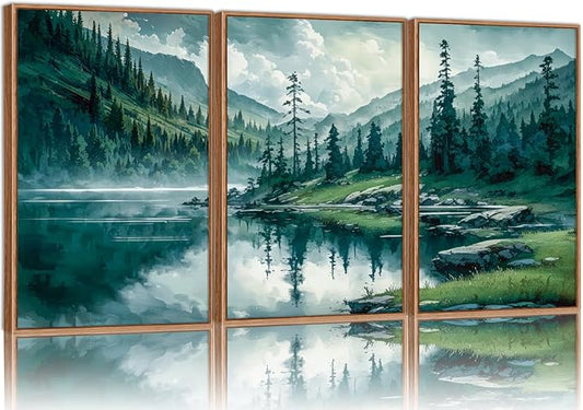 Tinonedraw Large Nature Forest Framed Canvas Wall Art Set, Boho Mountains Calming Lake Wall Decor, Green Pine Trees Artwork, Northern Wilderness Art Painting for Living Room Bedroom Office 16"x24"x3