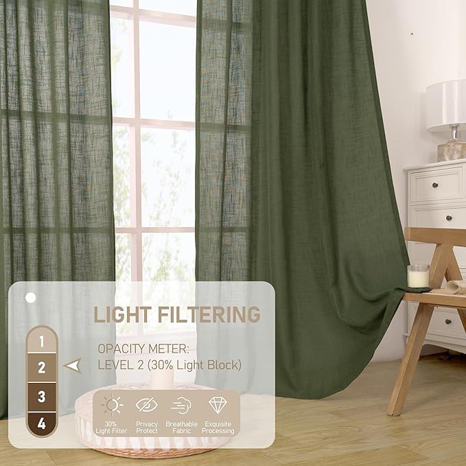 LAMIT Sheer Linen Curtains 102 inches Long, Linen Textured Light Filtering Semi Sheer Bronze Grommet Natural Boho Drapes for Living Room/Farmhouse, 2 Panels, Olive Green, 52 x 102 Inch
