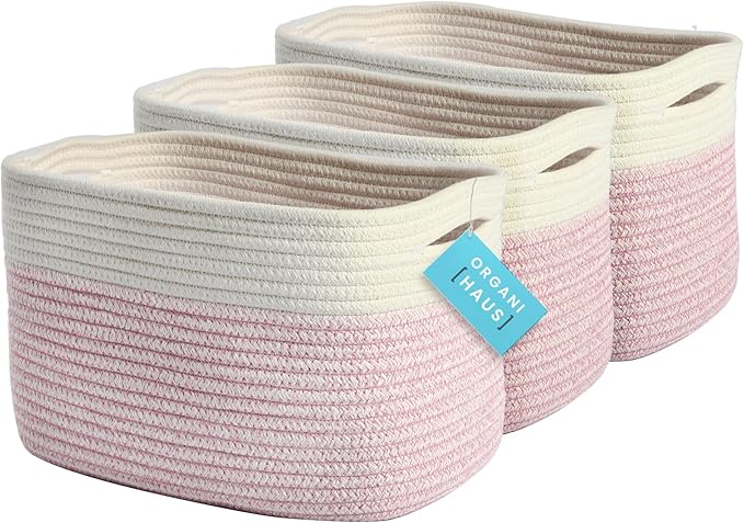 OrganiHaus Set of 3 Woven Storage Baskets for Organizing, Cotton Rope Organizer Bins for Shelves, Closet & Nursery, Dog Toy Basket, Decorative Bins for Toys, Towels & Books - 15x10x9, Pink/Off-White