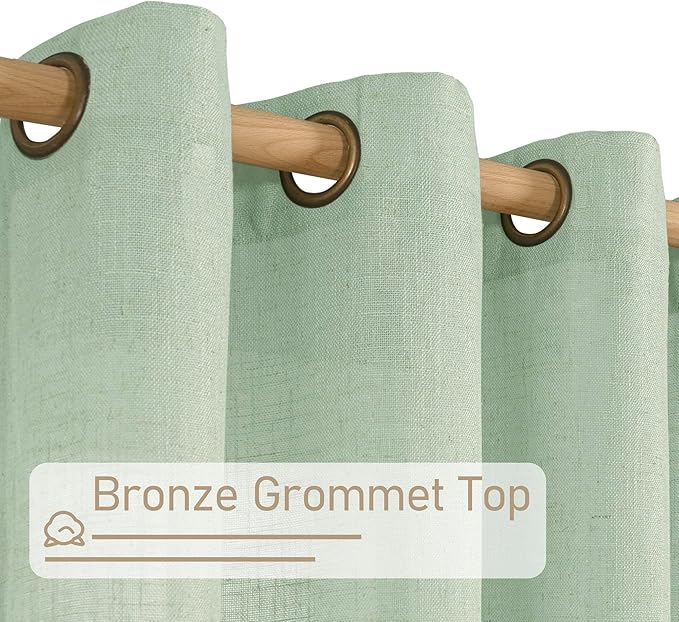 LAMIT Semi Sheer Linen Curtains 45 Inches Long, Light Filtering Panels Bronze Grommet Neutral Drapes for Kitchen/Window/Bedroom, Fresh Green, 2 Panels, 52 x 45 Inch