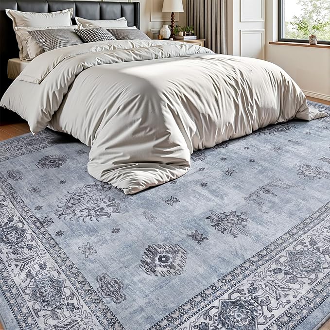 AMOAMI-Vintage Area Rug 8X10 Blue Rugs for Living Room-Soft Living Room Rug Non Slip Rugs for Bedroom Carpet Machine Washable Rug for Dining Room Bedside Office Room Decor