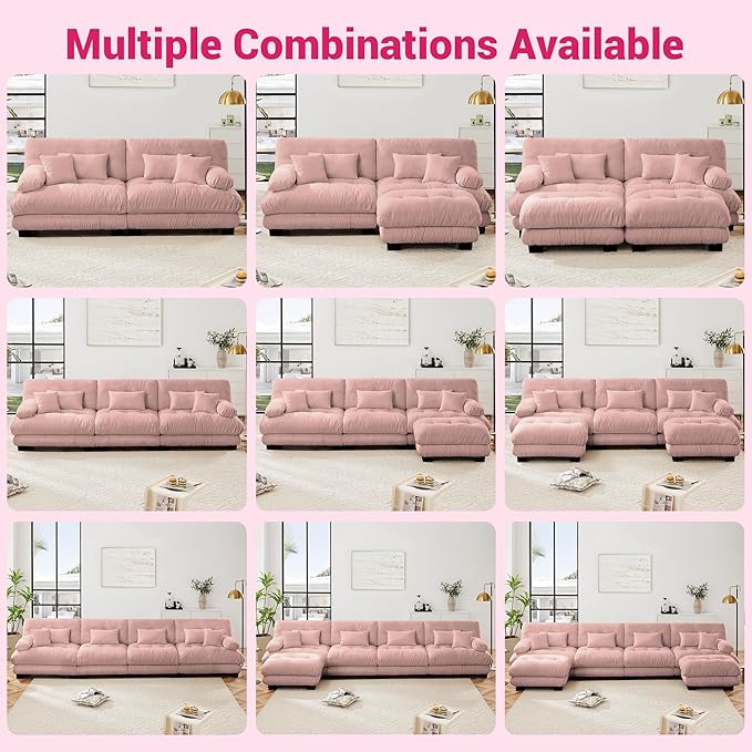 Loveseat Modular Sectional Sofa, Cloud Couch 2 Seater Sectional Couch Home Sofa Living Room Oversized Couch, Modern Deep Seat Couch with Chaise with Round Bolster Armrests 4 Pillows(Pink)