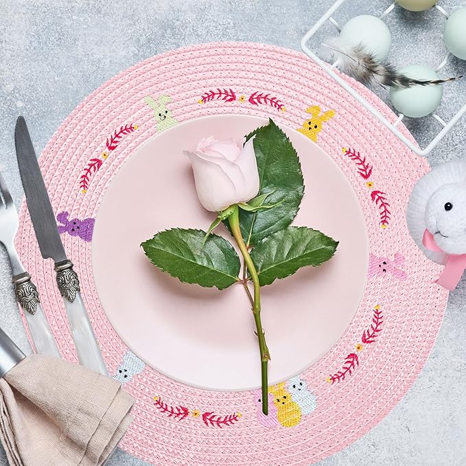 Whaline 4Pcs Round Bunny Easter Placemats Pink Rabbit Embroidered Place Mats Spring Cute Rabbit Dinner Table Mat Easter Dining Kitchen Table Mats for Home Wedding Baby Shower Birthday Party Decor