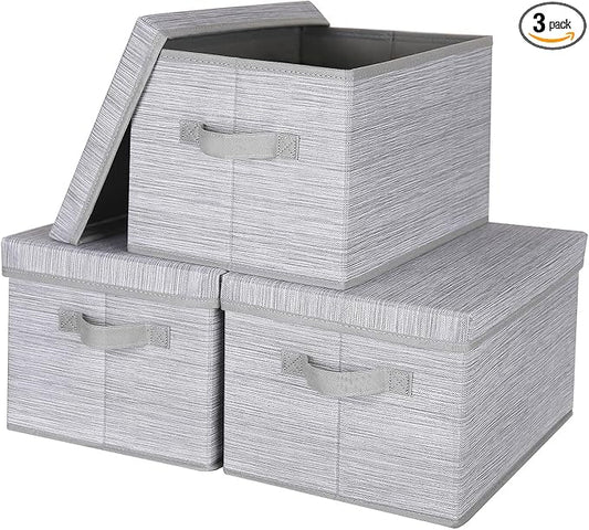 WUIKE Storage Bins with Lids, Collapsible Stackable Storage Bins with Handles, Clothing Storage Containers for Closet, Fabric Shelf Baskets, Large, Light Gray/Slub Gray, 3-Pack
