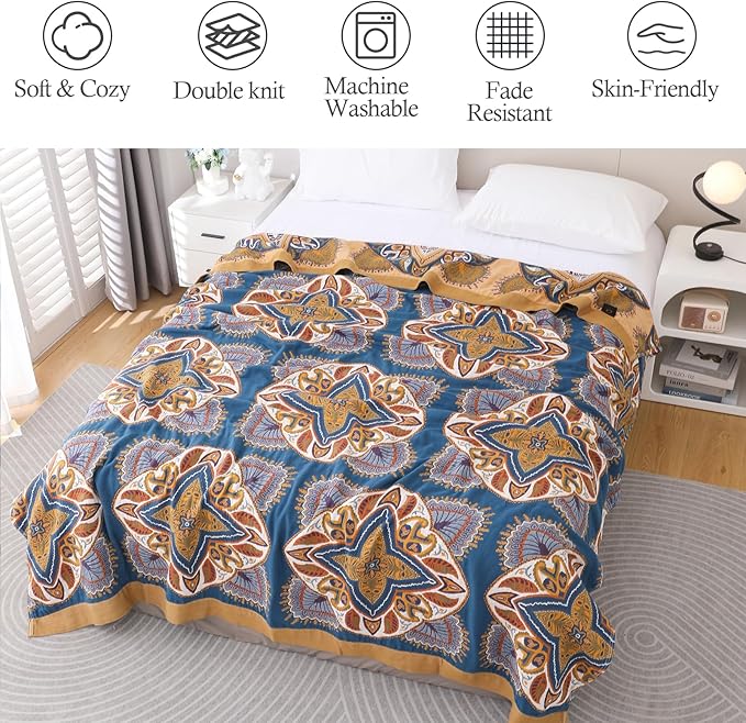 Snycler Boho Throw Blanket for Bed - 100% Cotton Ultra Soft Rustic Quilt Blanket Orange Green Printed Farmhouse Decor Bed Blankets, 80"×90" All Season Rustic Throw for Sofa Couch Chair