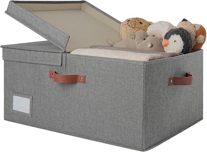 GRANNY SAYS Large Storage Bins With Lids, Decorative Boxes, Fabric Containers With Double-Open Lid and Divider, Collapsible Clothes Organizers, 63L Linen for Closet, Dark Gray