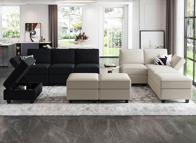 Belffin Modular Sectional Sofa with Reversible Chaise L Shaped Couch with Ottoman Modular Sofa Couch with Storage Black