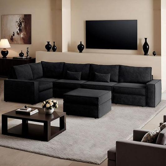 HOOOWOOO Modular Sectional Couch Sofa,125X69 U L Shaped Oversized Couch Sets Free Combination,6 Pieces Extra Deep Sofa with Ottoman for Living Room(Black Corduroy)