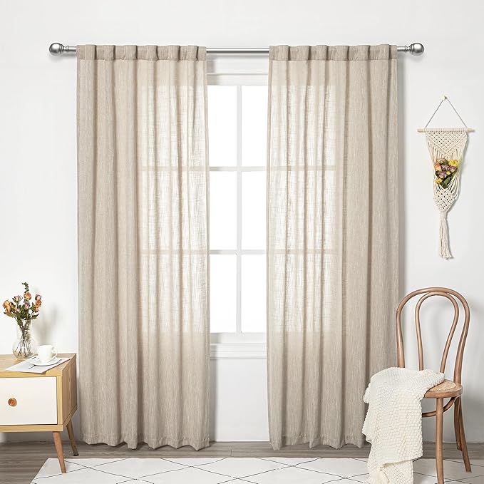 MYSKY HOME Boho Curtains Farmhouse Living Room Curtain Drapes, Light Filtering Semi Soft Cotton Blend Sheer Window Treatments for Sliding Glass Door Doorways, 50" x 90", Light Oatmeal, Set of 2