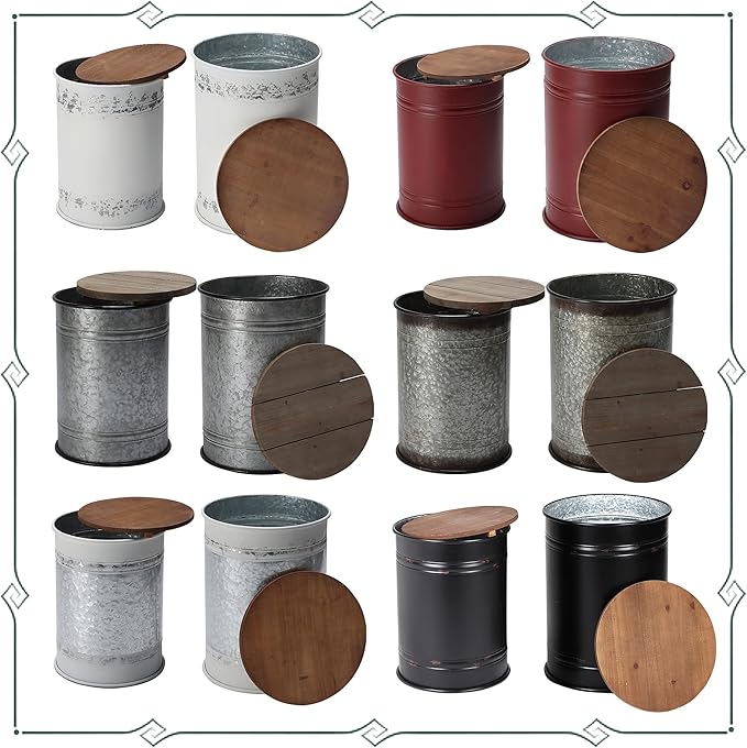 Rustic Storage Ottoman Seat Stool, Farmhouse Accent Side Table, Antique Galvanized Metal End Table Box Bin with Round Wooden Lid Set of 2 (Black)