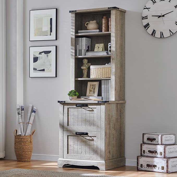 RedLemon Bookcase with 2 File Drawers, 72" Tall Farmhouse Bookshelf with Storage and Adjustable Shelves, 4 Tier Rustic Wood Bookshelf with Cabinet for Home Office, Living Room (Light Rustic Oak)