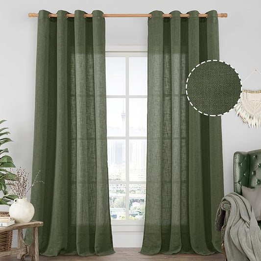 LAMIT Sheer Linen Curtains 102 inches Long, Linen Textured Light Filtering Semi Sheer Bronze Grommet Natural Boho Drapes for Living Room/Farmhouse, 2 Panels, Olive Green, 52 x 102 Inch