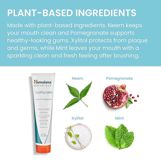 Himalaya Botanique Original Neem & Pomegranate Botanical Toothpaste, Fights Plaque, Brightens Teeth, Fluoride Free, No Artificial Flavors, SLS Free, Cruelty Free, Foaming, Mint Flavor, 5.29 Oz, 4 Pack