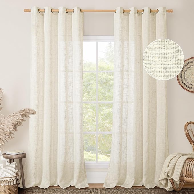 LAMIT Cream Linen Curtains 90 Inch Long 2 Panels Set for Bedroom Living Room, Soft Thick Bronze Grommet Window Drapes Semi Sheer Light Filtering Panels Farmhouse, 52 x 90 Inch, Cream Ivory