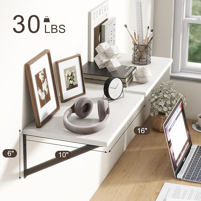 Fun Memories 10 Inch Deep Floating Shelves, White Floating Shelf 16 Inch Long, 16" W x 10" D Wall Shelves Set of 2, Deep Shelves for Books, Wide Floating Shelves for Bahtoom, Living Room, Kitchen