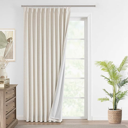 Vision Home Natural Pinch Pleated Full Blackout Curtains Linen Blended Room Darkening Window Curtains 112 inch for Living Room Bedroom Thermal Insulated Pinch Pleat Drapes with Hooks 60" Wx112 Lx1