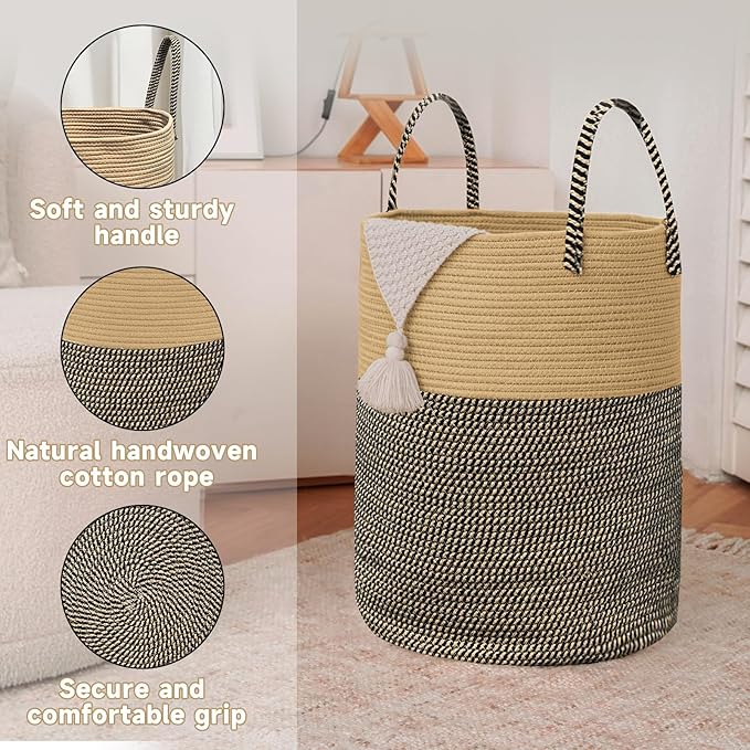 Large Woven Laundry Basket Hamper,80L Cotton Rope Storage Bin for Blankets,Toys and Clothes,Decorative Tall Nursery Hamper for Living Room,Baby Nursery,Bathroom and Bedroom,Brown and Black