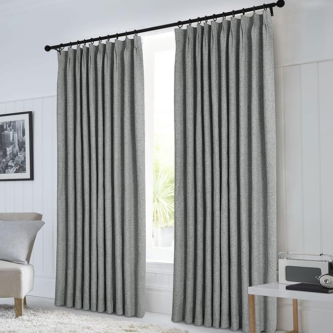 Macochico Pinch Pleated Blackout Linen Curtains 96 Inches Long 100% Light Blocking Burlap Curtains for Bedroom Living Room Thermal Window Panels with Tieback 72”Wx96”L Mid Grey 1 Panel