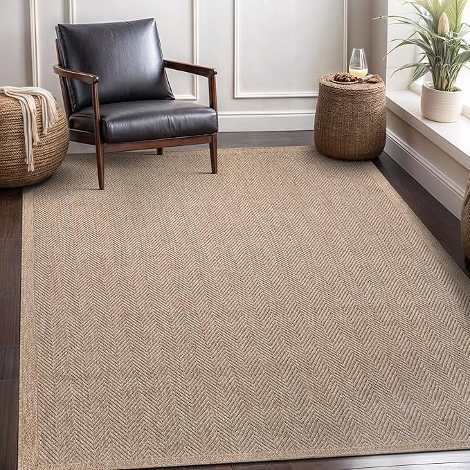 CAMILSON Easy Jute Rug 6x9, Indoor Outdoor Natural Color Fiber Area Rugs for Living Room Patio and Bedroom Rug Herringbone Seagrass Woven Design Easy-Cleaning, Washable Outside Carpet Alfombras 6 x 9
