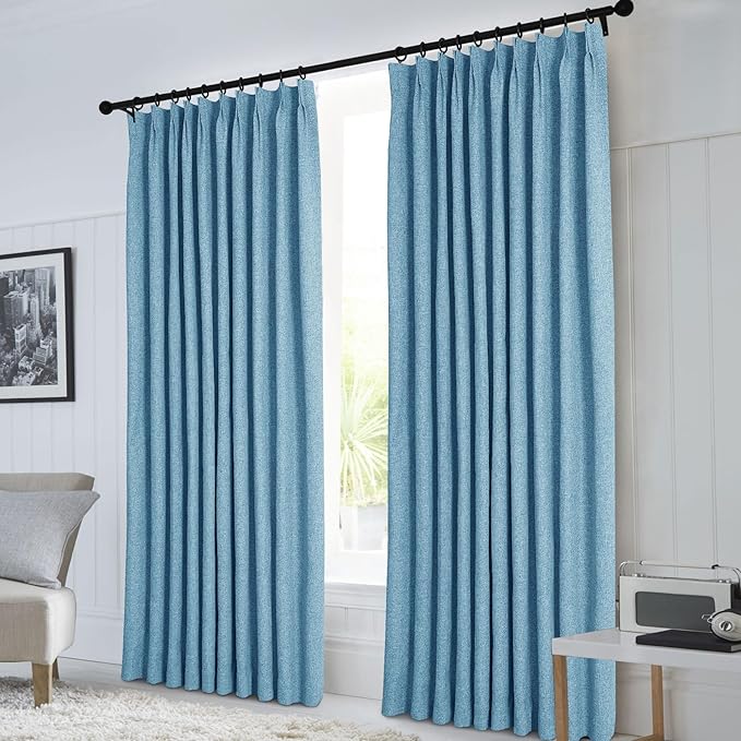Macochico Blue 100% Blackout Linen Curtains 96 Inches Long Pinch Pleated Curtains for Bedroom Living Room Nursery Farmhouse Insulated Sound Reducing Drapery with Tieback 84”Wx96”L 1 Panel