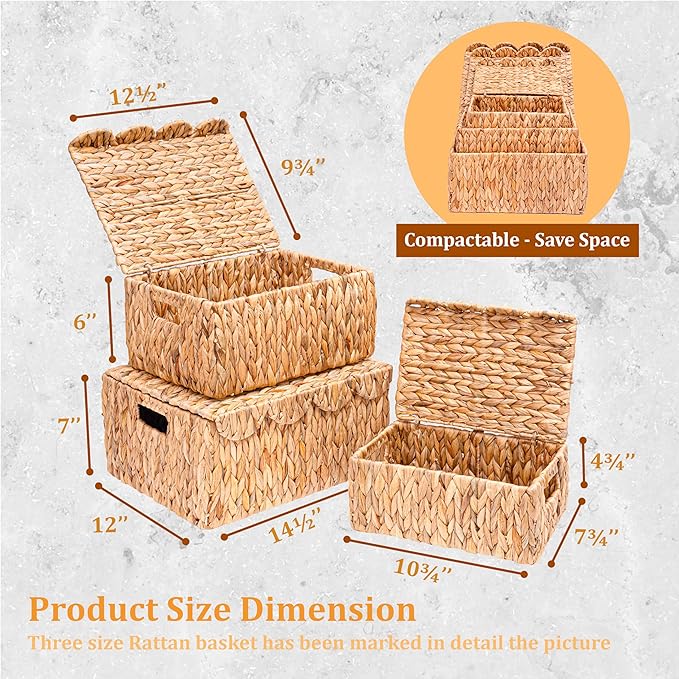 Set of 3 Scalloped Edge Wicker Basket with Lid, Rectangle Wicker Storage Basket with Built-in Handles, Multipurpose Organizer Rattan Display Boxes for Shelf, Nursery Room