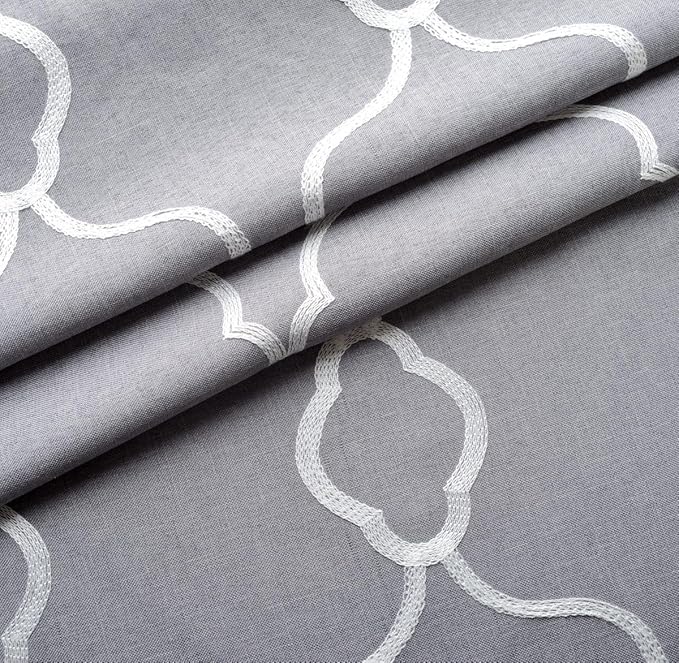 MIUCO Moroccan Embroidery Semi Sheer Curtains Faux Linen Grommet Curtains for Bedroom 52 x 63 Inch 2 Panels, Grey