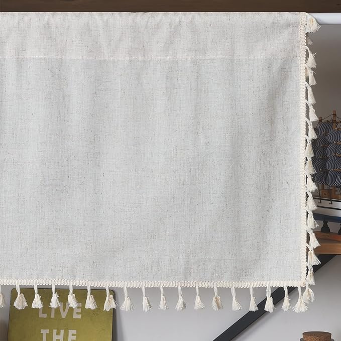 Sutuo Home Boho Sheer Curtain Valance Tier Cotton Linen with Bohemian Handmade Tassels, Short French Farmhouse Window Treatment for Kitchen Cafe, Rod Pocket, 1 Panel 59" W x 24" L, Natural Textured
