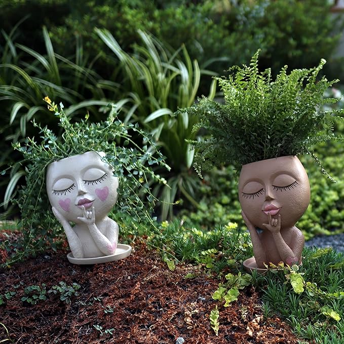 Face Flower Pots Head Planter, Cute Resin Planters for Indoor Outdoor Plants, Macetas para Plantas Funny Head Plant Pot
