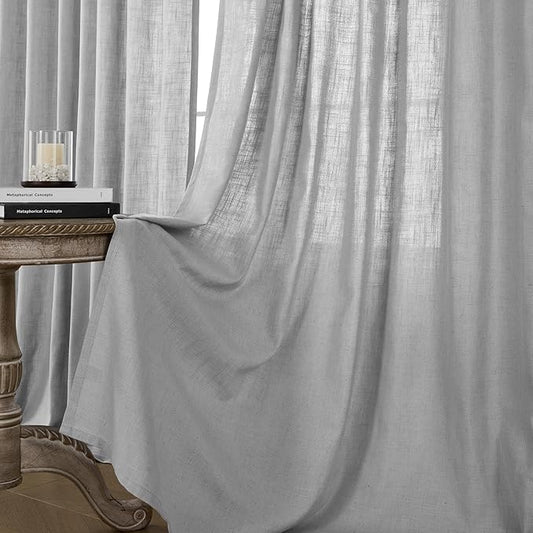 Joydeco Linen Curtains for Living Room,Light Filtering Rod Pocket Back Tab Semi Sheer Drapes Window Long Curtains 96 inches Long Ebony Grey
