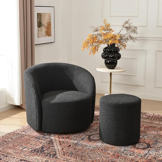 KINWELL 34" Boucle Swivel Barrel Chair with 18" Round Ottoman Set, Fully Assembled Set of Sherpa Accent Chair and Footrest, Modern Comfy Armchair and Footstool for Living Room and Bedroom, Black