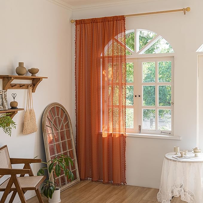 Sutuo Home Boho Curtains for Bedroom Living Room Dining Room, Crochet Lace Sheer Bohemian Country Tassels,Window Treatment Drapes for Halloween Decor, Rod Pocket 1 Panel 59" W x 120" L, Orange