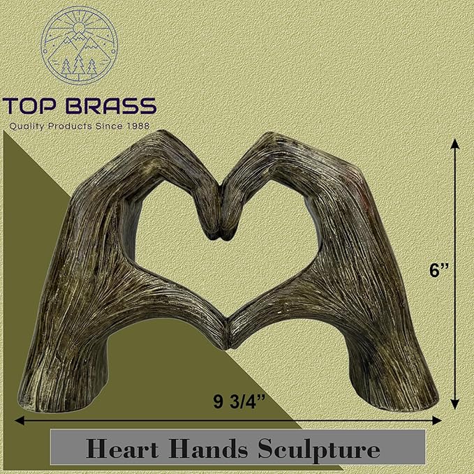 Top Brass Large Rustic Heart Hands Sculpture, 9 3/4” Resin Love Statue – Romantic Decor Accent for Shelf or Mantel – Perfect for Wedding, Valentine's Day or Anniversary (Rustic Wood Grain)