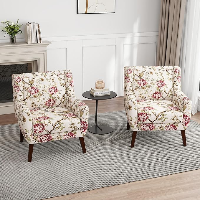 UIXE Floral Accent Chair, Modern Upholstered Armchair in Fabric for Living Room, Comfy Club Arm Chairs Single Sofa Button Tufted Bedroom Reading Seat - Pattern Floral, Set of 4