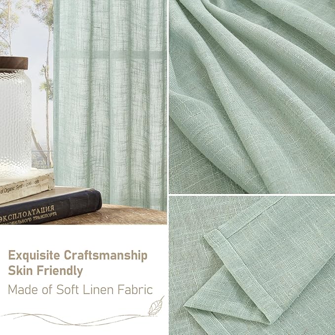 LAMIT Light Sage Linen Curtains 84 inch Length 2 Panels Set, Linen Textured Light Filtering Drapes Bronze Grommet Boho Burlap Panels for Bedroom/Living Room, 52 x 84 Inch