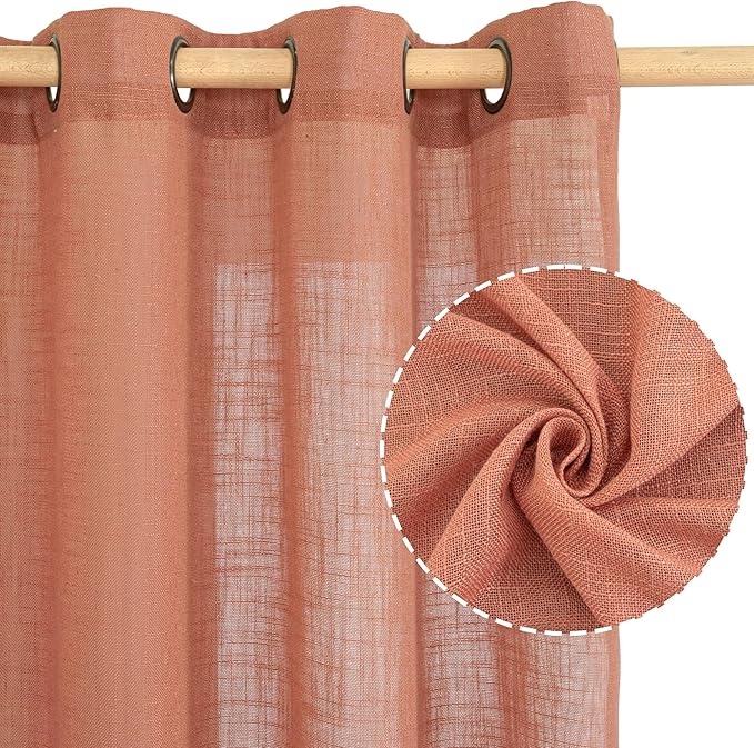LAMIT Terracotta Linen Curtains 63 inch Length 2 Panels for Living Room, Bronze Grommet Soft Semi Sheer Light Filtering Window Treatments Neutral Fall Decor Drapes for Bedroom, 52 x 63 Inch