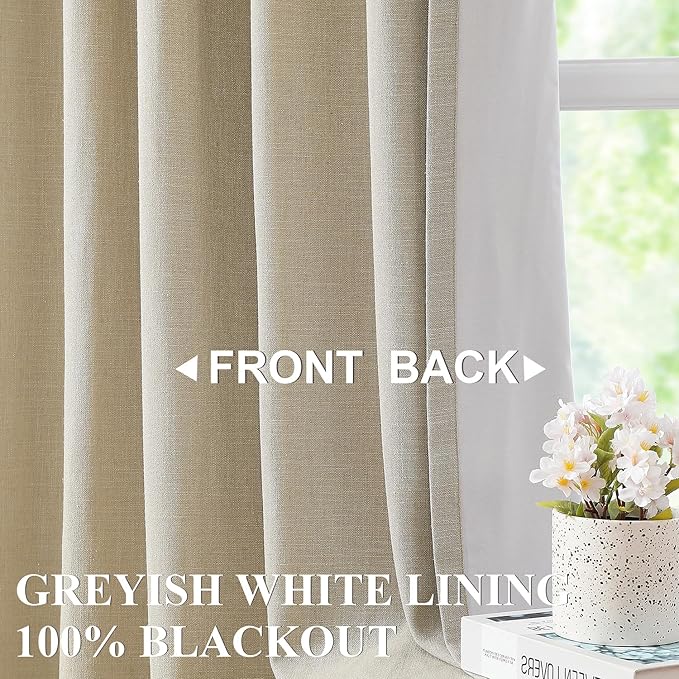 Vision Home Sand Pinch Pleated Full Blackout Curtains Linen Blended Room Darkening Window Curtains 120 inch for Living Room Bedroom Thermal Insulated Pinch Pleat Drapes with Hooks 60" Wx120 Lx1