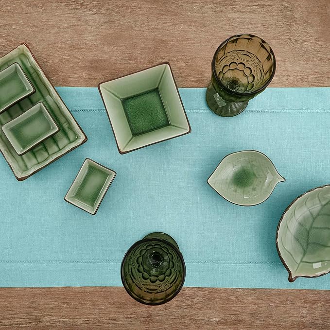 Solino Home Linen Aqua Blue Table Runner 60 Inches - Classic Hemstitch, 100% Pure Linen Coffee Table Runner 14 x 60 Inch Ideal for Dresser Tables