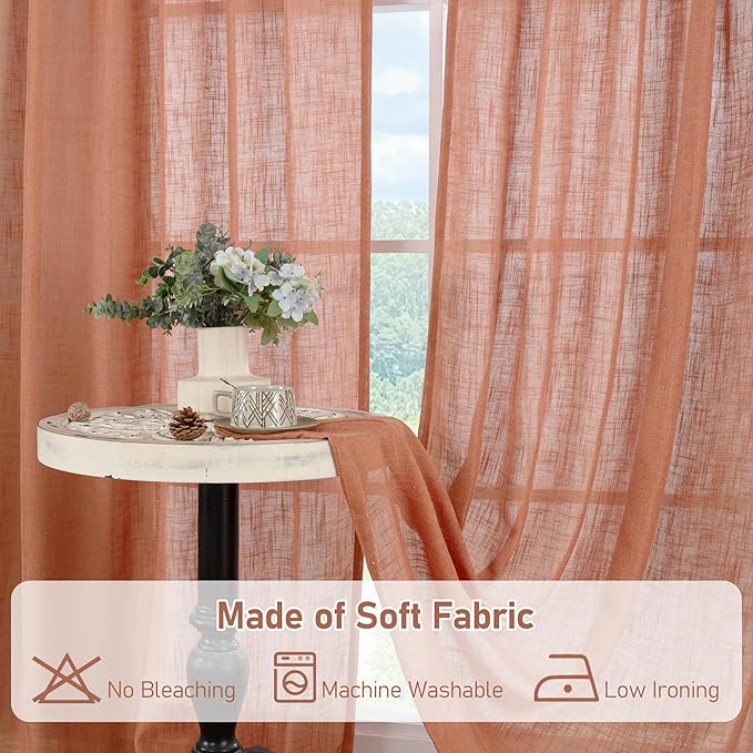 LAMIT Terracotta Linen Curtains 63 inch Length 2 Panels for Living Room, Bronze Grommet Soft Semi Sheer Light Filtering Window Treatments Neutral Fall Decor Drapes for Bedroom, 52 x 63 Inch